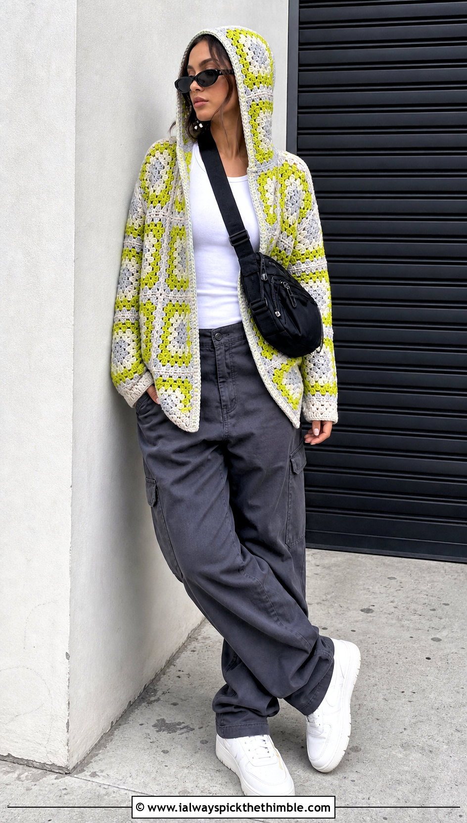 Hooded Checkered Granny Square Cardigan With Cargo Pants - 20 checkered granny square cardigan outfit ideas