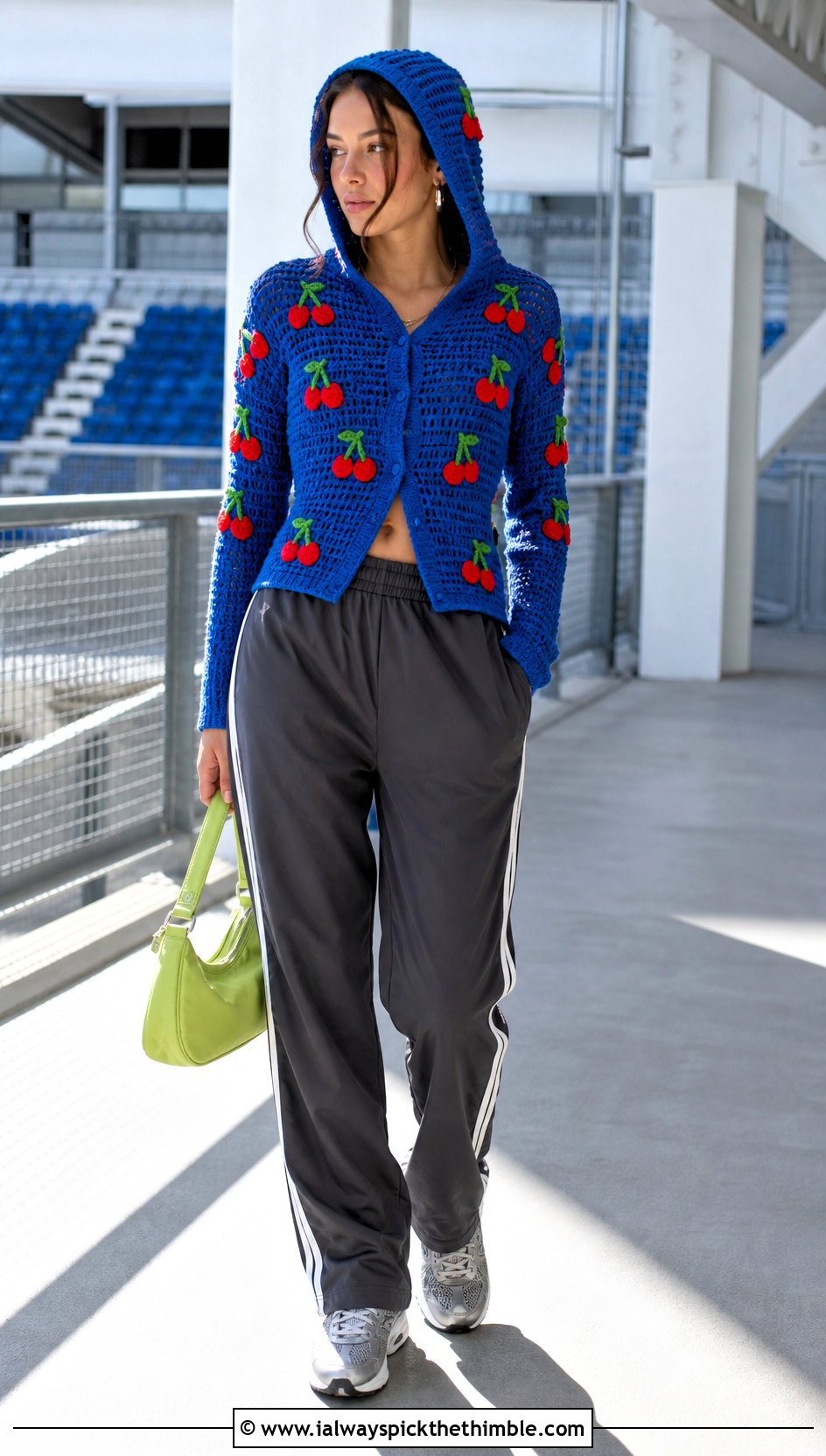 Hooded Cherry Crochet Top With Track Pants - 25 crochet cherry top outfit ideas
