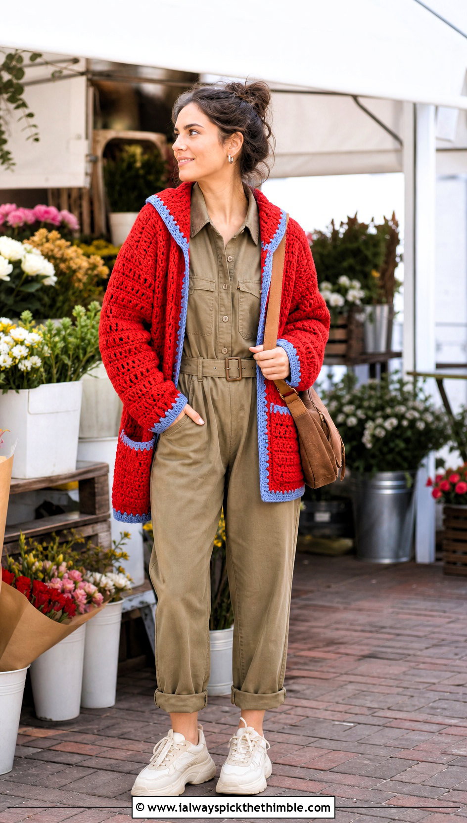 Hooded Chunky Crochet Cardigan With Utility Jumpsuit - 15 crochet cardigan with blue accents outfit ideas