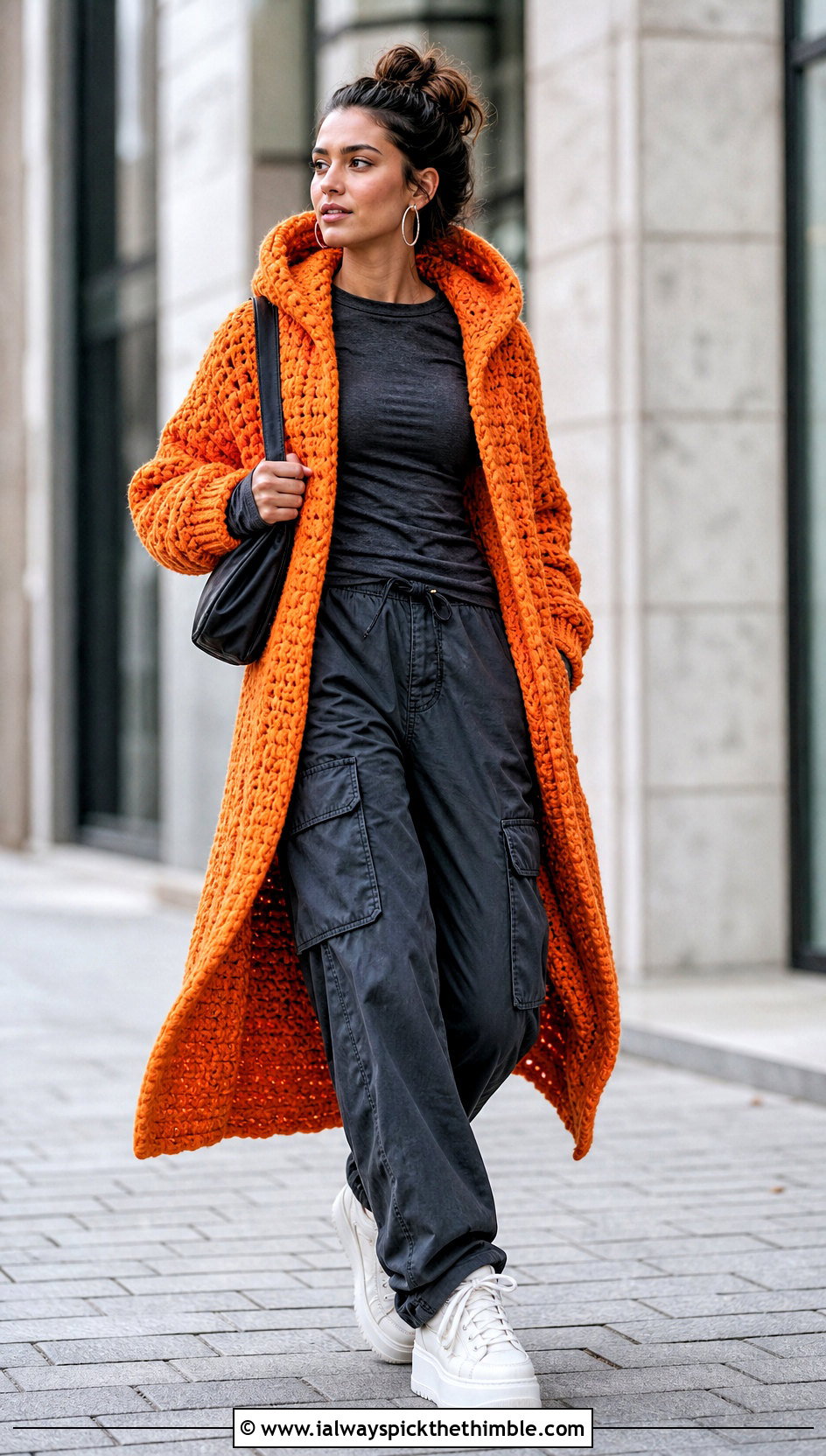 Hooded Chunky Crochet Coat With Cargo Pants - 15 beginner crochet coat outfit ideas