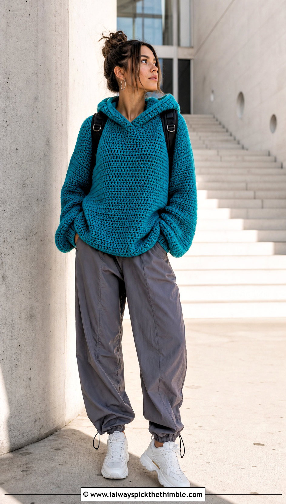 Hooded Chunky Crochet Jumper With Parachute Pants - 25 chunky crochet jumper outfit ideas