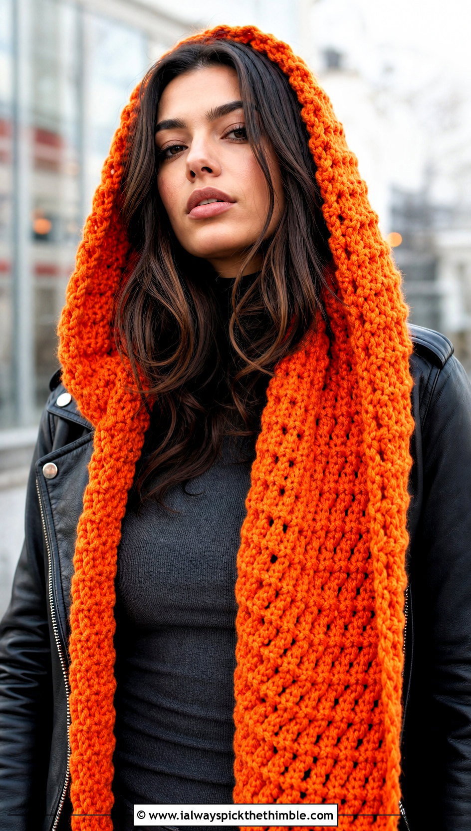 Hooded Chunky Crochet Scarf With Leather Jacket - 25 chunky crochet scarf outfit ideas