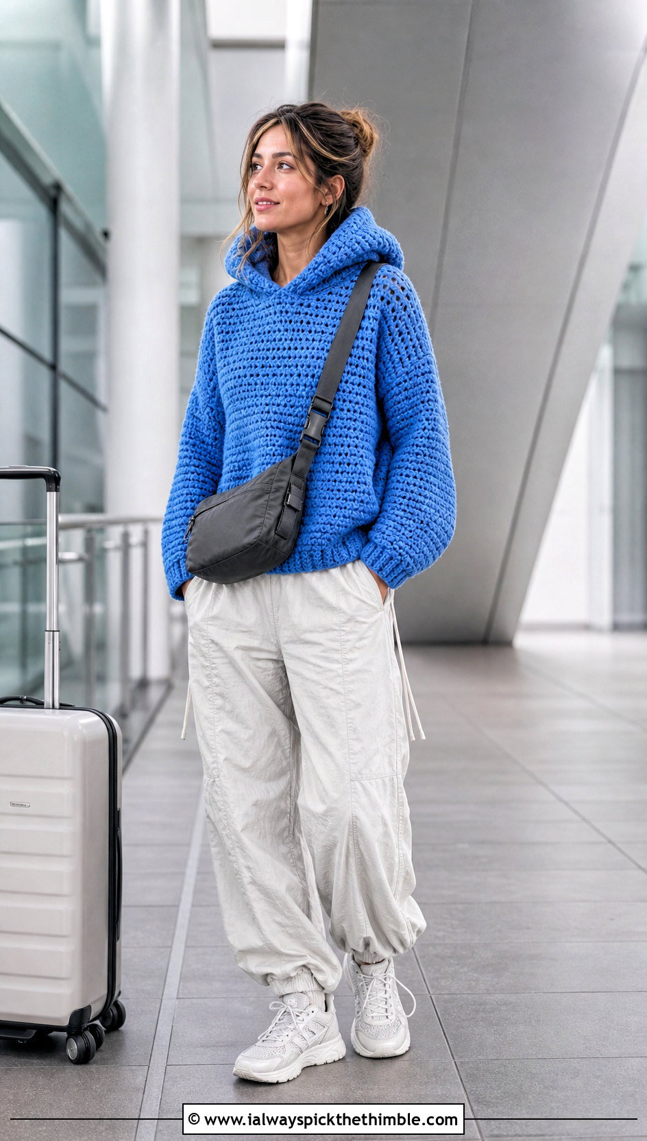 Hooded Chunky Crochet Sweater With Parachute Pants - 20 Easy Chunky Crochet Sweater outfit ideas