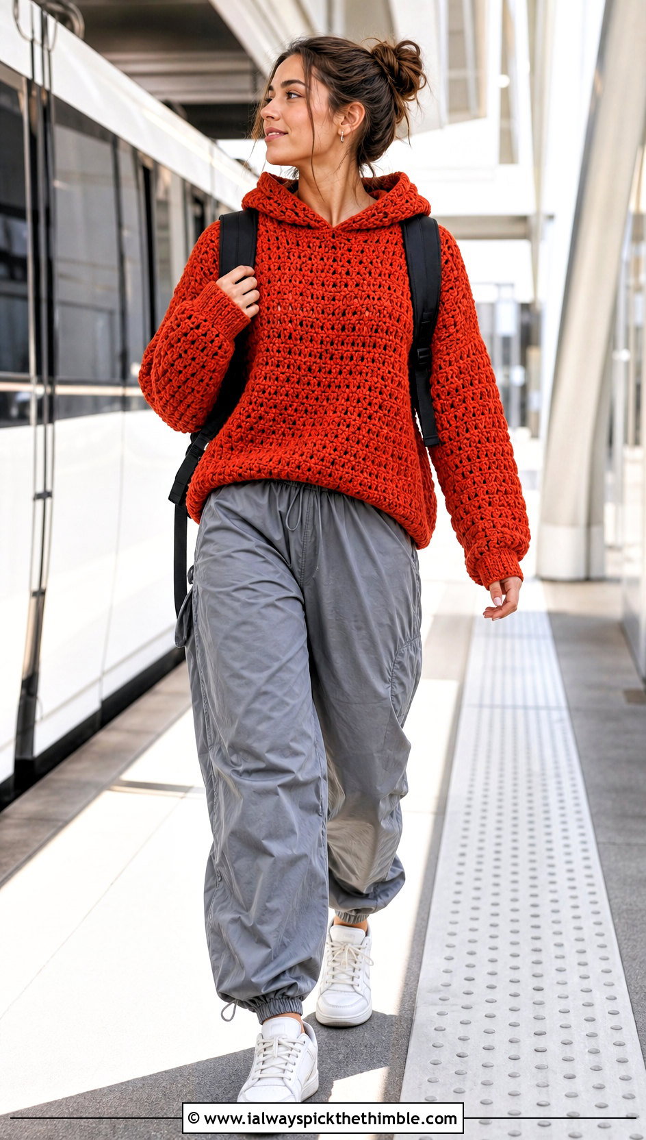 Hooded Chunky Crochet Sweater With Parachute Pants - 20 chunky yarn crochet sweater outfit ideas
