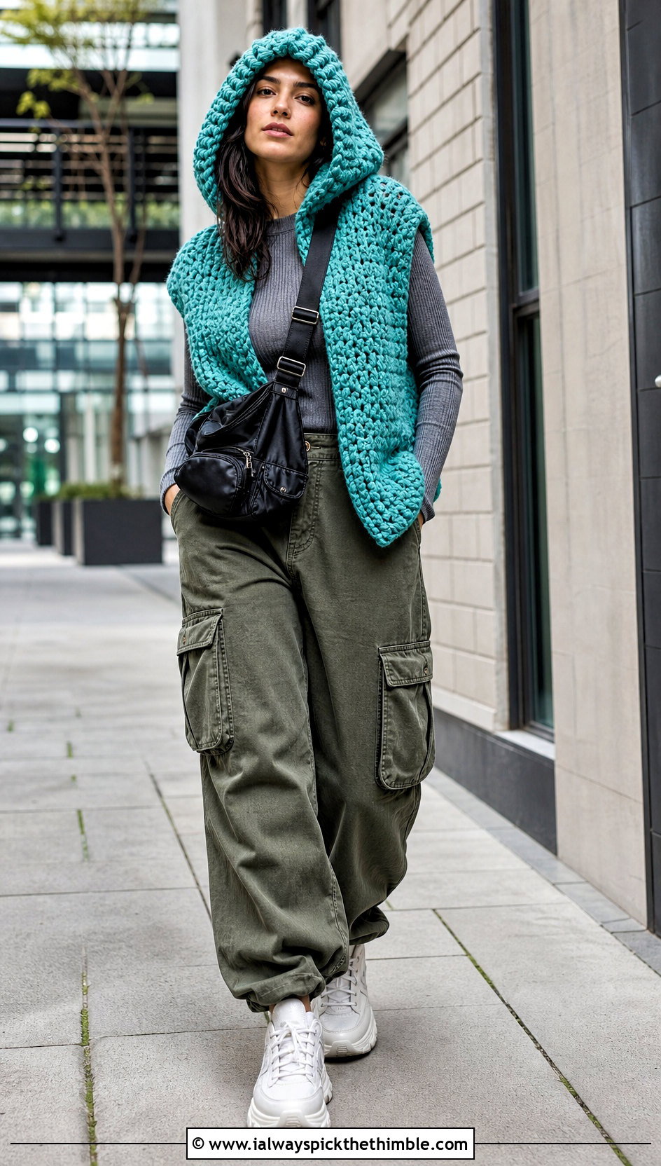 Hooded Chunky Crochet Vest With Cargo Pants - 20 crochet chunky vest outfit ideas