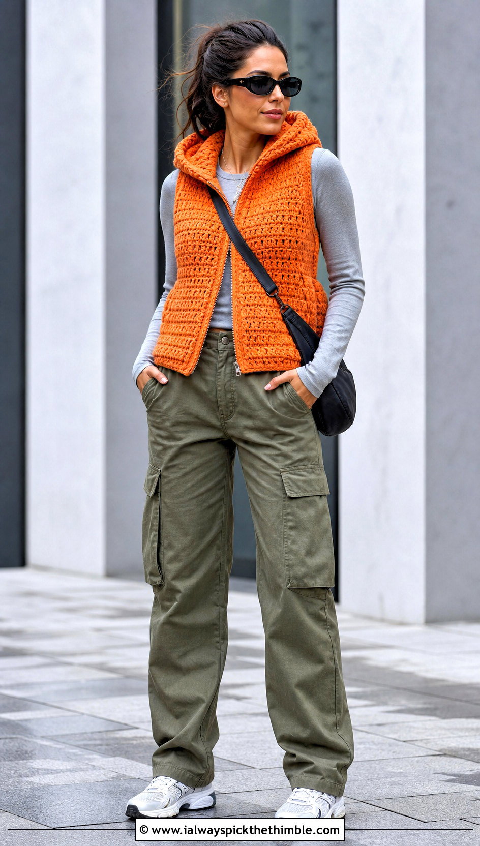 Hooded Chunky Crochet Vest With Cargo Pants - 20 Chunky Crochet Vest outfit ideas