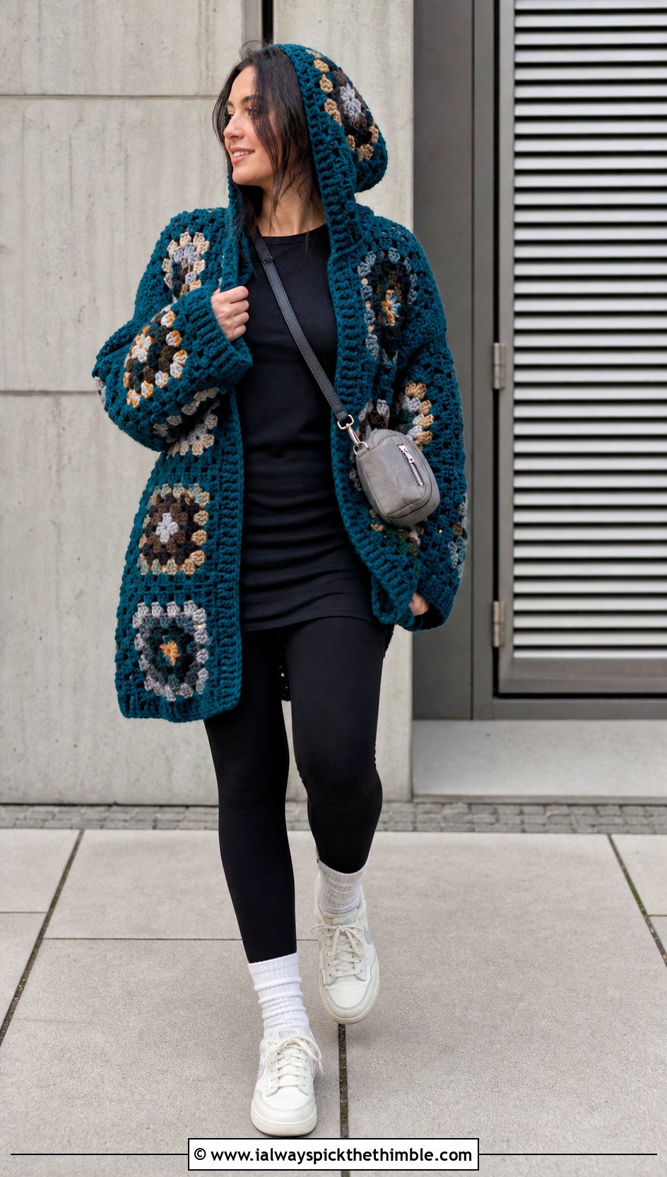 Hooded Chunky Granny Square Cardigan With Leggings - 25 Chunky Granny Square Cardigan outfit ideas