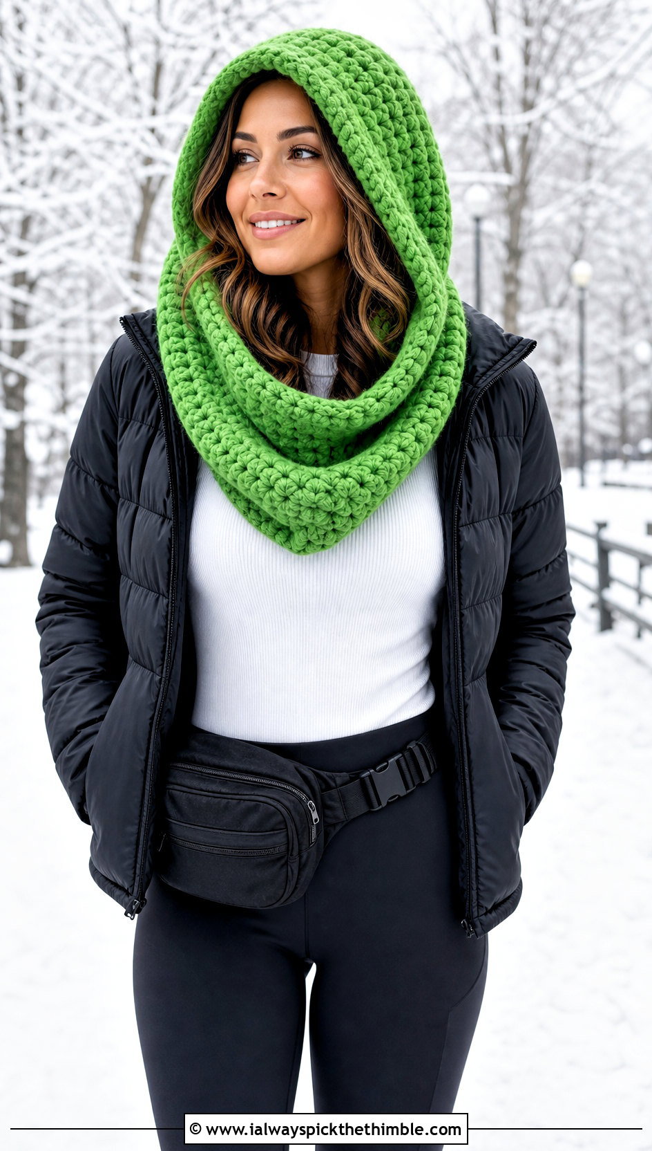 Hooded Chunky Yarn Crochet Cowl With Puffer Jacket And Leggings - 20 Chunky Yarn Crochet Cowl outfit ideas