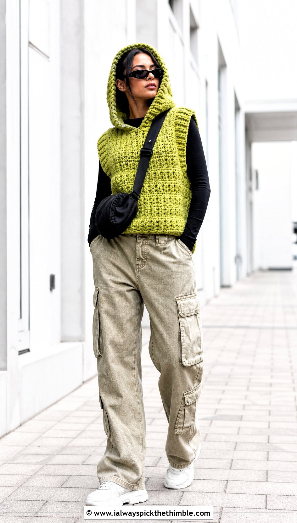 Hooded Chunky Yarn Crochet Vest With Cargo Pants - 20 Chunky Yarn Crochet Vest outfit ideas
