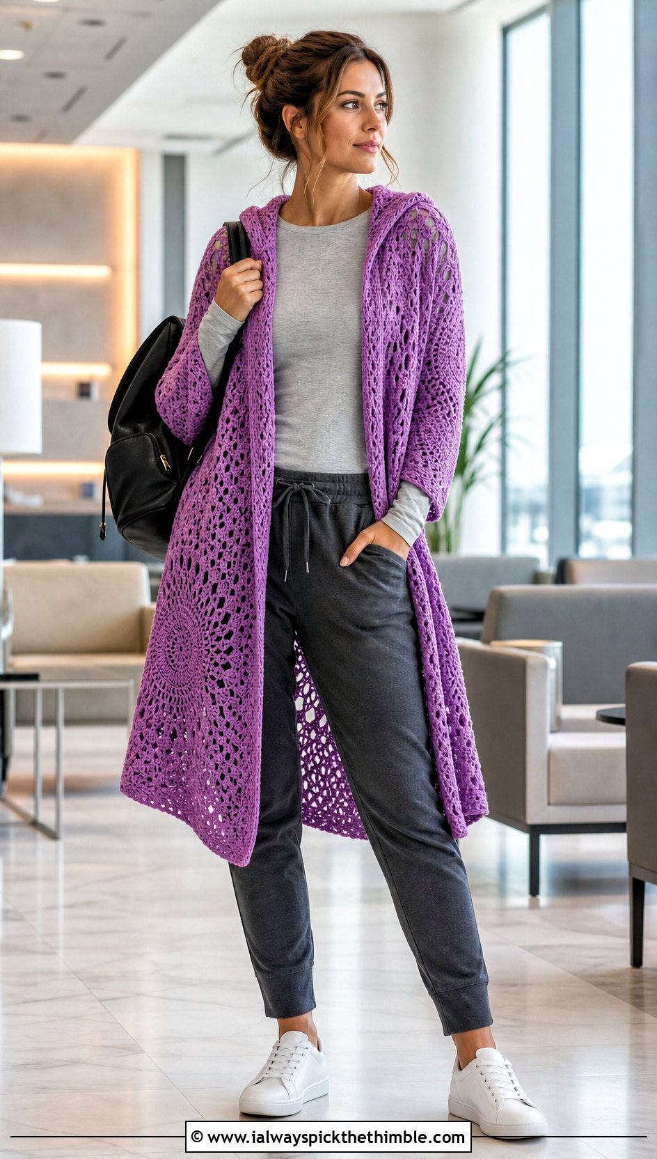 Hooded Circle Crochet Cardigan With Joggers - 20 circle crochet cardigan outfit ideas