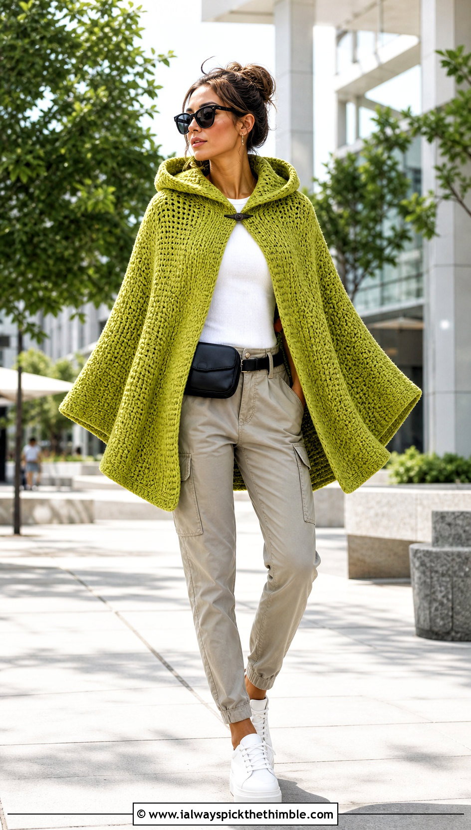 Hooded Circle Poncho With Cargo Pants - 20 Crochet Circle Poncho outfit ideas