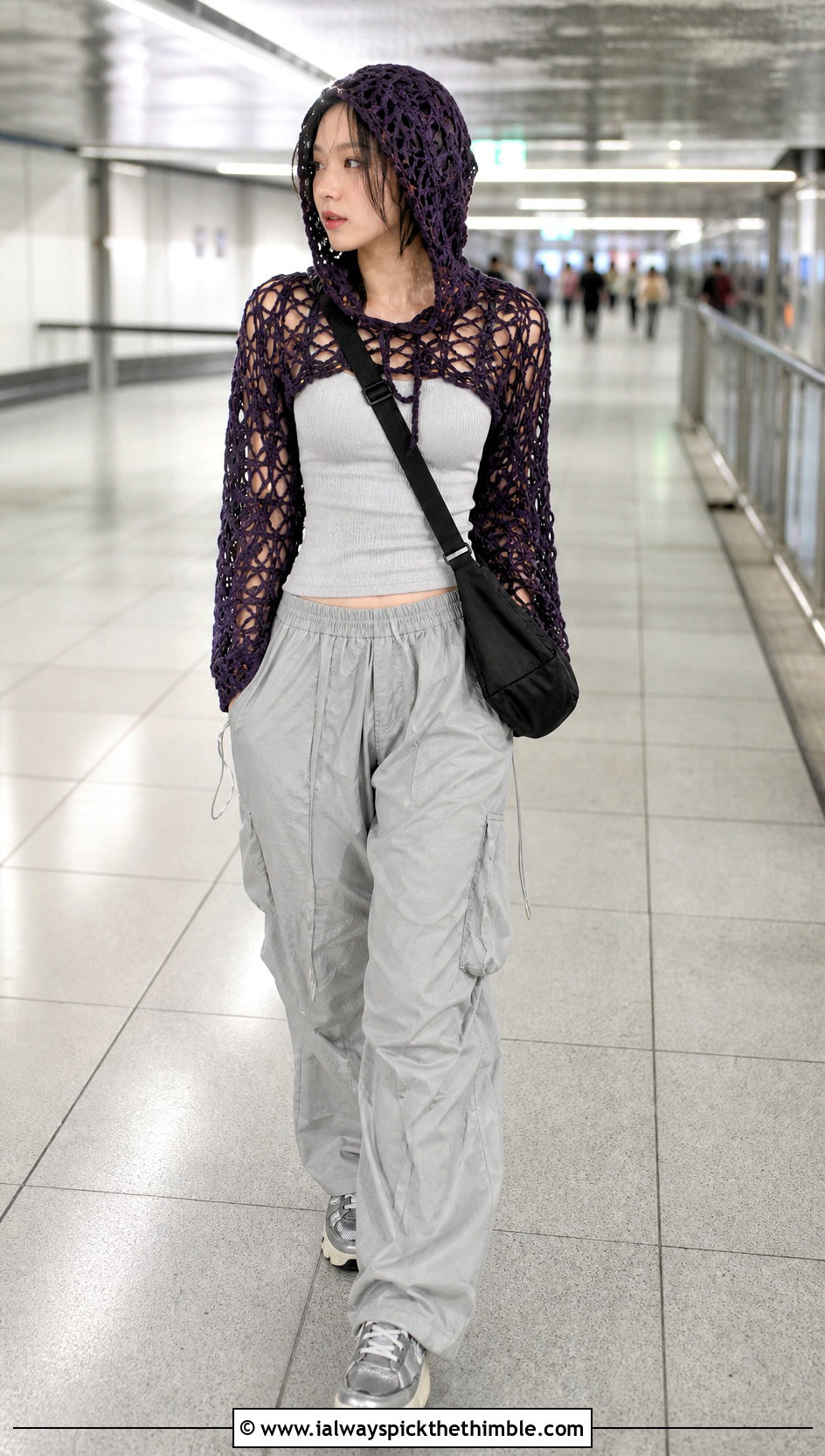 Hooded Cobweb Top With Parachute Pants - 20 Crochet Cobweb Top outfit ideas