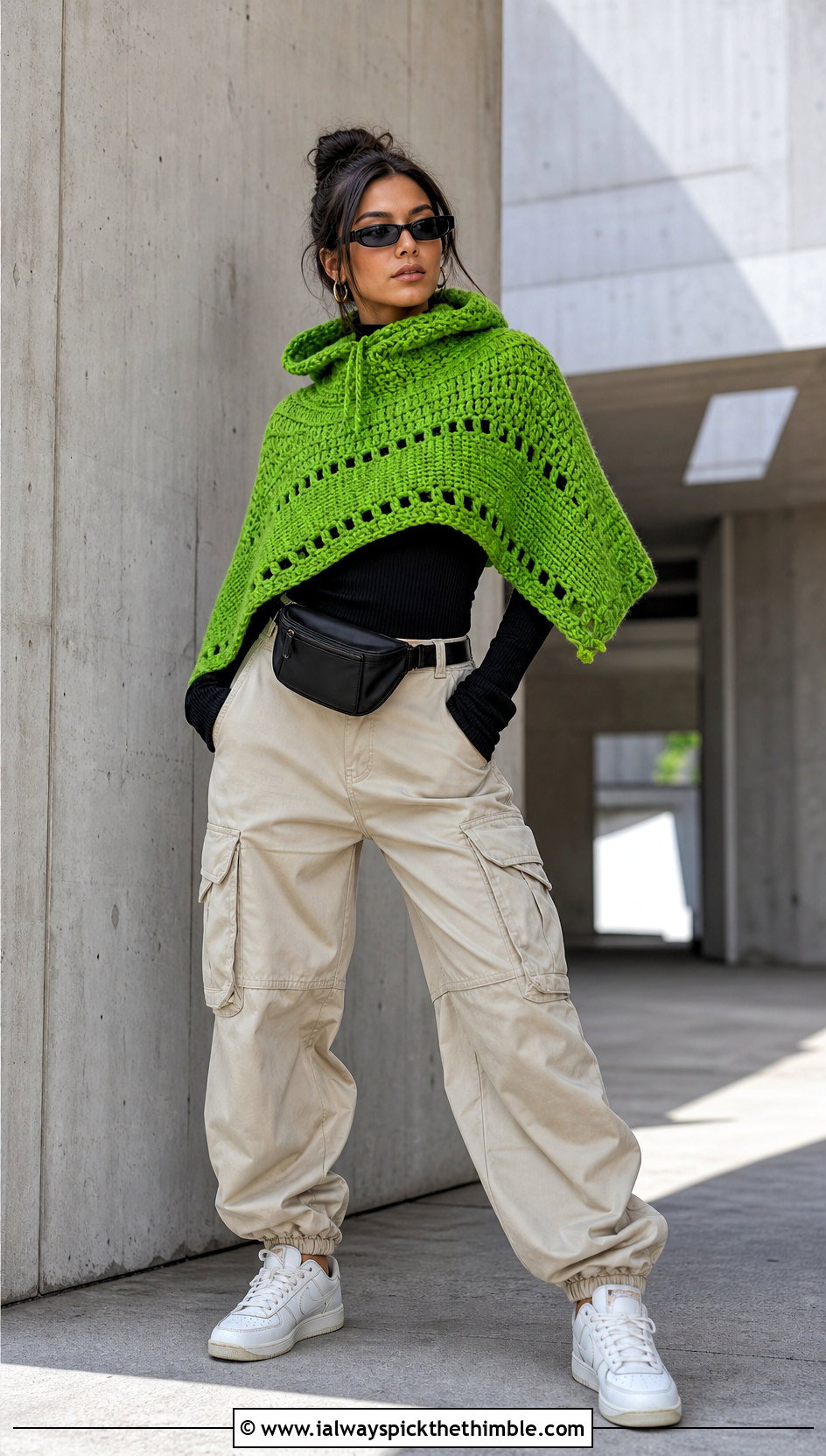 Hooded Collar Crochet Poncho With Cargo Pants - 20 Crochet Poncho With Collar outfit ideas