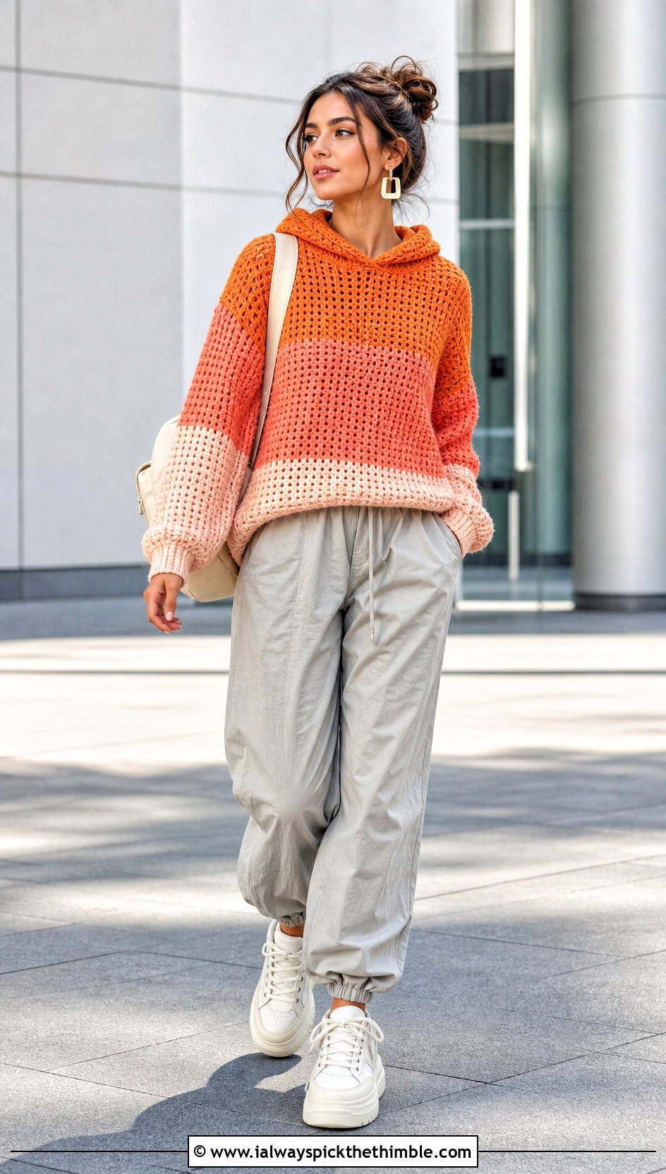 Hooded Colourblock Crochet Sweater With Parachute Pants - 15 Colourblock Crochet Sweater outfit ideas