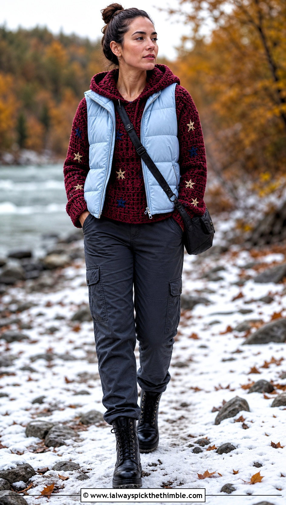 Hooded Coraline Star Crochet Sweater With Puffer Vest - 20 coraline crochet sweater outfit ideas