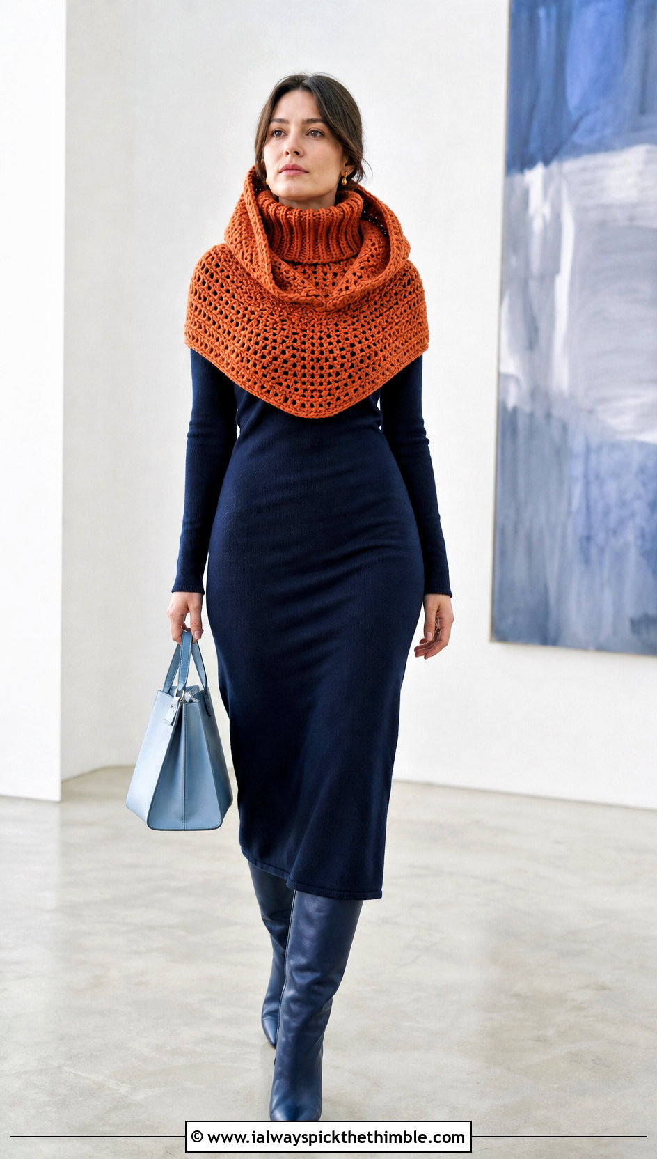 Hooded Cowl Crochet Turtleneck Hoodie Over A Column Dress - 20 crochet turtle neck hoodie outfit ideas