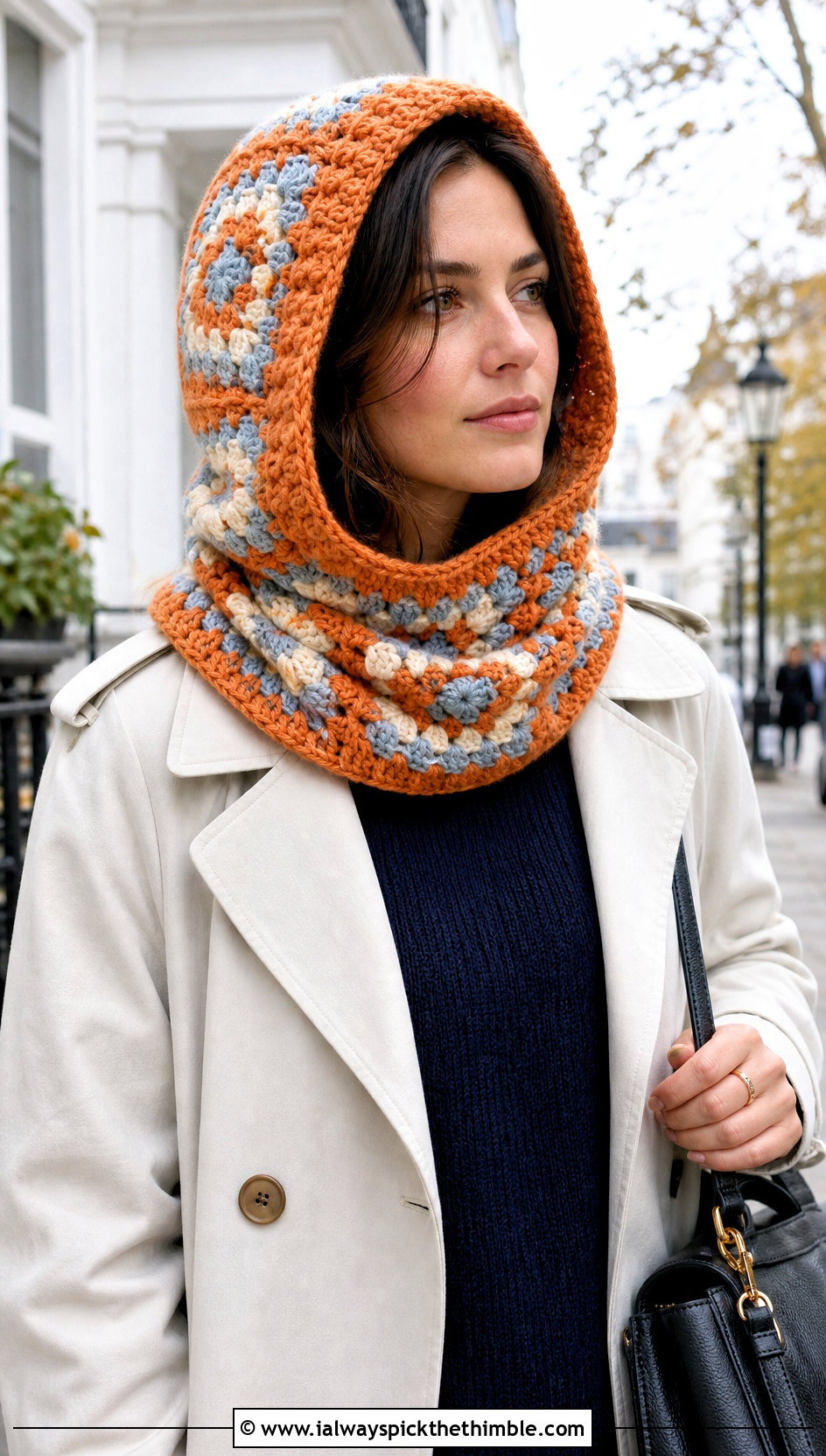 Hooded Cowl Granny Square Balaclava With Trench Coat - 20 crochet granny square balaclava outfit ideas