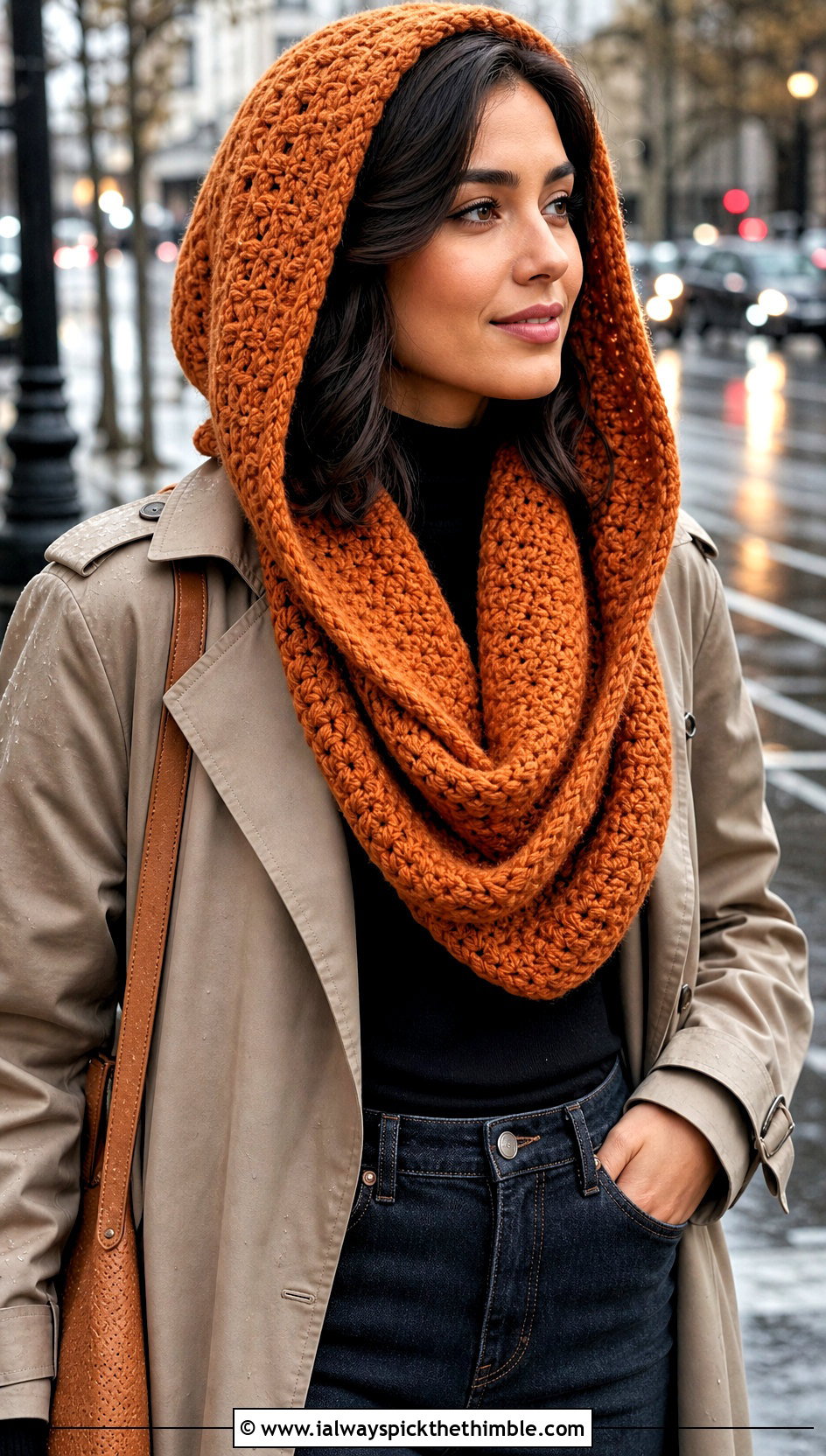 Hooded Cowl Neck Crochet Scarf With Trench Coat - 20 Cowl Neck Crochet Scarf outfit ideas
