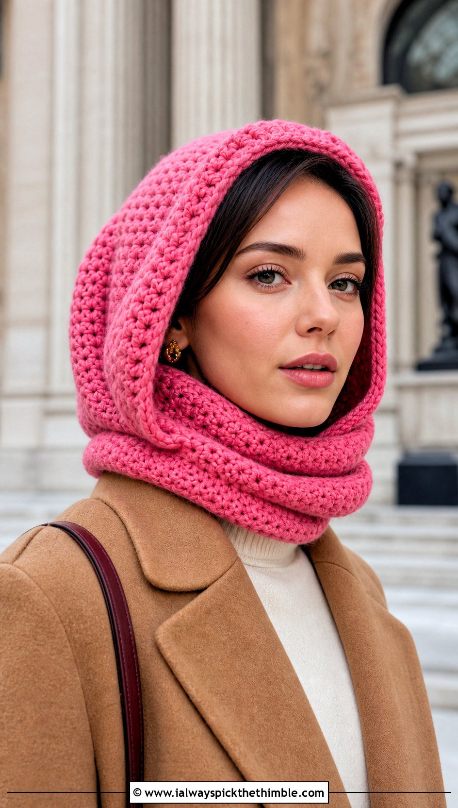 Hooded Cowl Pink Crochet Balaclava With Camel Coat - 20 Pink Crochet Balaclava outfit ideas