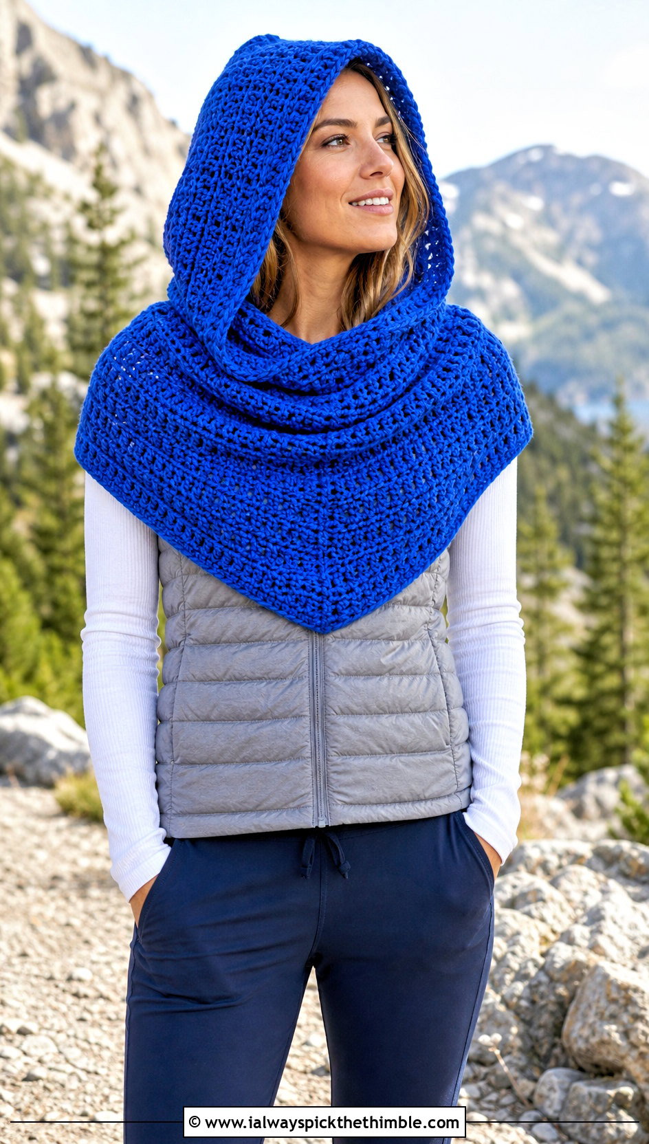 Hooded Cowl Shawl With Puffer Vest And Joggers - 25 crochet hooded shawl outfit ideas