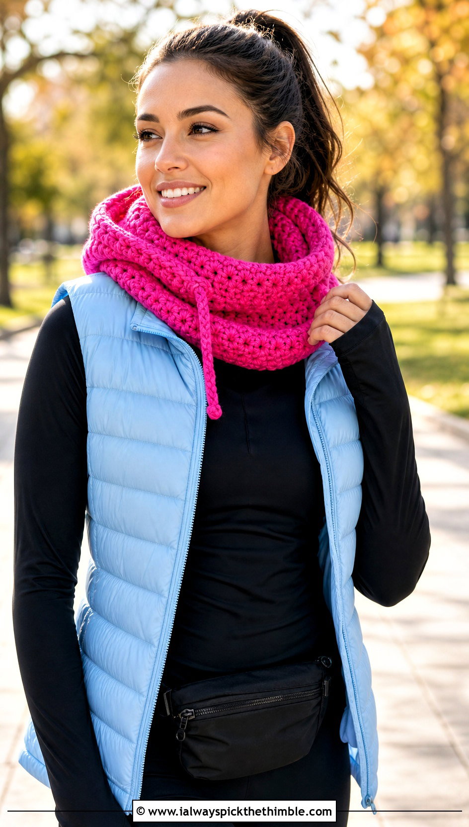 Hooded Cowl With Puffer Vest And Flared Leggings - 15 Cowls To Crochet outfit ideas