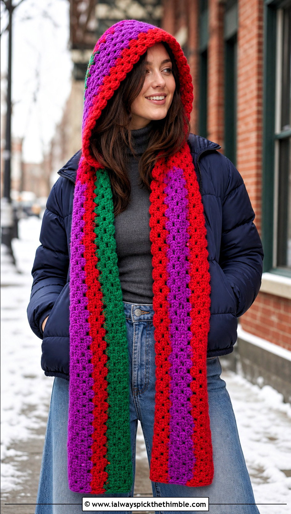 Hooded Crayon Scarf With Wide Leg Jeans - 15 Crochet Crayon Scarf outfit ideas