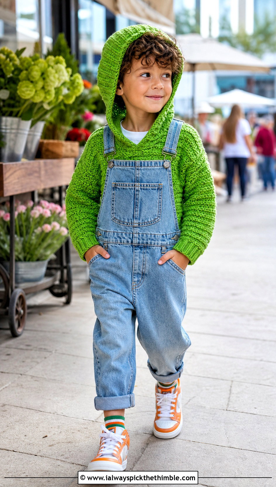 Hooded Crochet 5T Sweater With Overalls And High Tops - 15 crochet 5t sweater outfit ideas