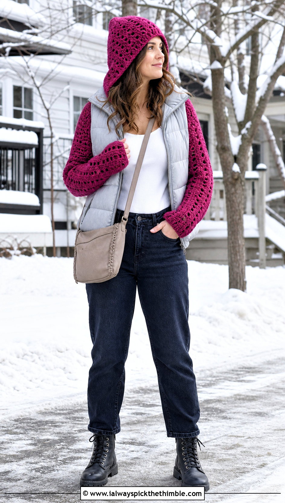 Hooded Crochet Arm Shrug With Puffer Vest - 20 Crochet Arm Shrug outfit ideas