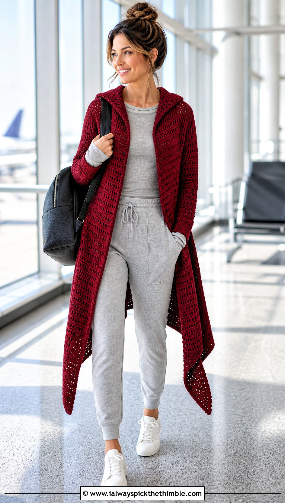 Hooded Crochet Asymmetrical Cardigan With Joggers - 20 crochet asymmetrical cardigan outfit ideas