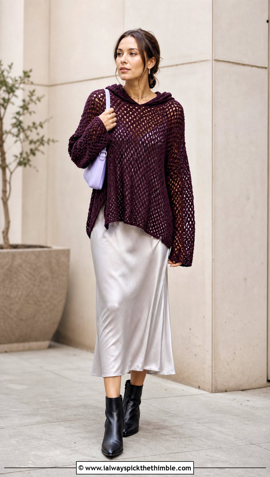 Hooded Crochet Baggy Sweater Over A Slip Dress - 20 crochet baggy sweater outfit ideas