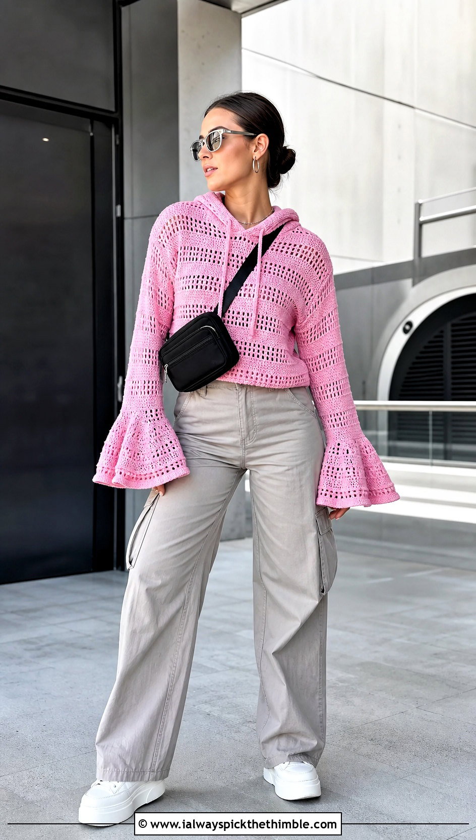 Hooded Crochet Bell Sleeve Sweater With Cargo Pants - 20 crochet bell sleeve sweater outfit ideas