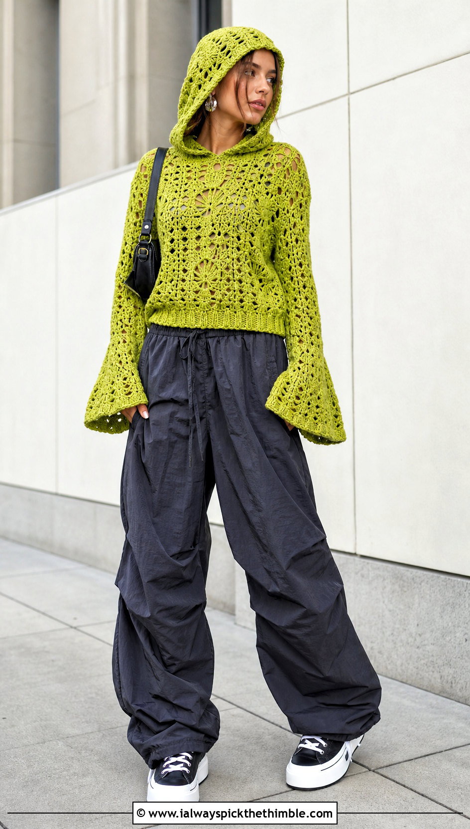 Hooded Crochet Bell Sleeve Sweater With Parachute Pants - 20 Crochet Sweater With Bell Sleeves outfit ideas