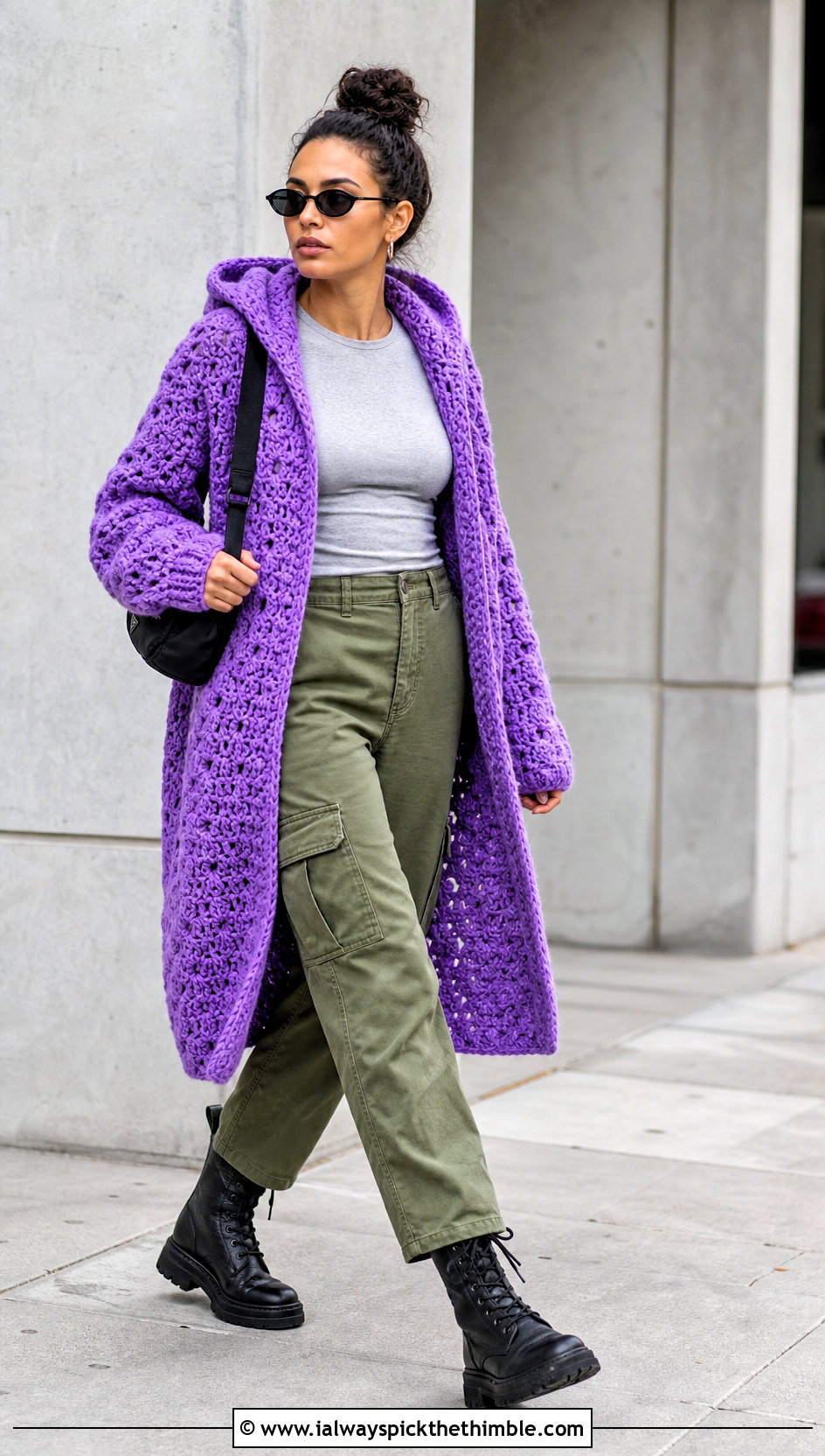 Hooded Crochet Blanket Jacket With Cargo Pants - 20 crochet blanket jacket outfit ideas