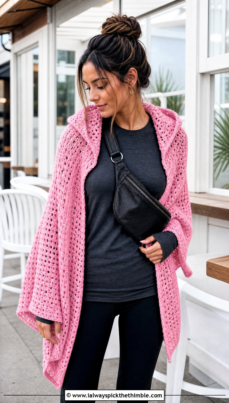 Hooded Crochet Boho Shawl With Leggings - 20 crochet boho shawl outfit ideas