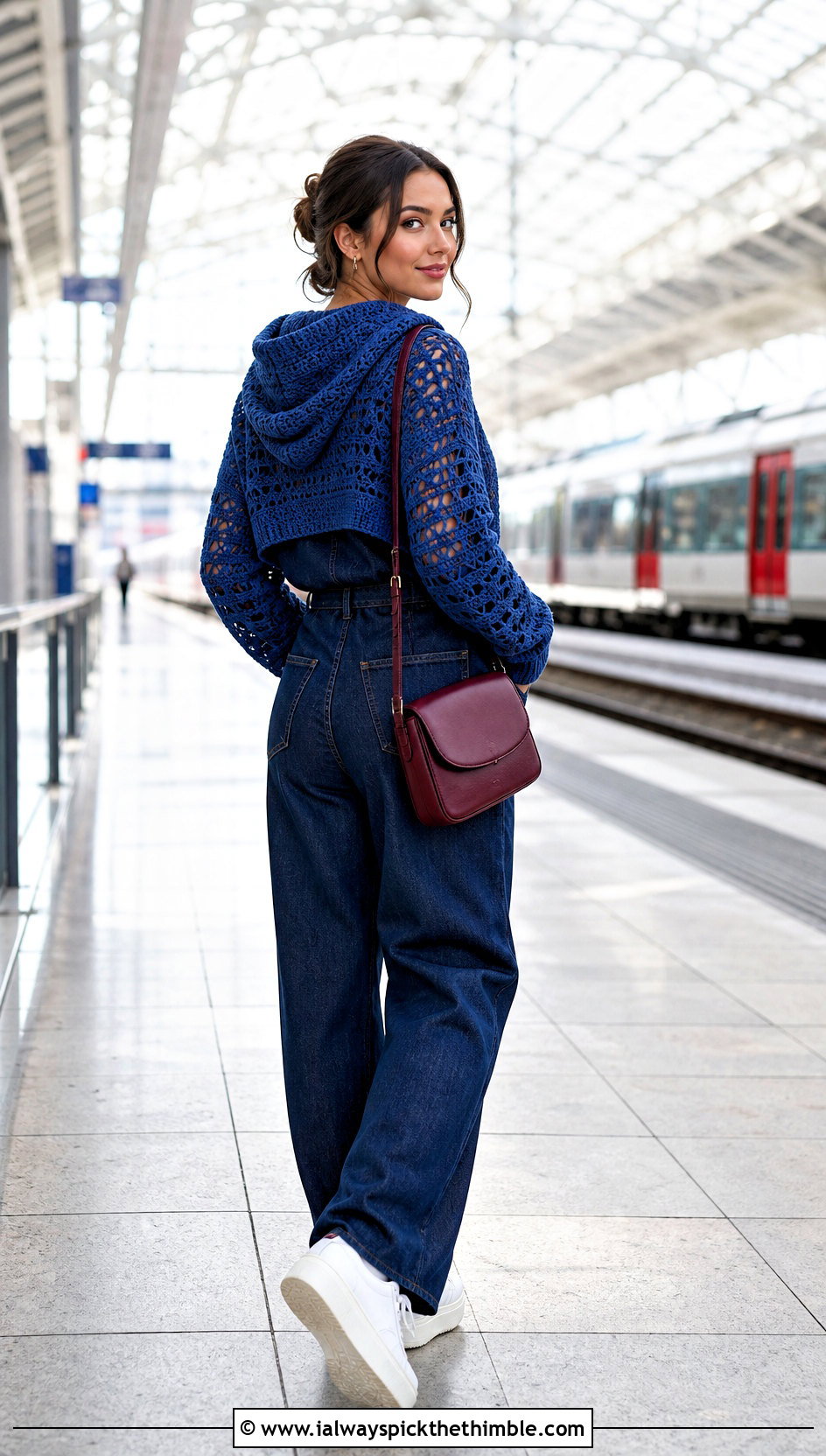 Hooded Crochet Bolero Top With Denim Jumpsuit - 20 crochet bolero top outfit ideas