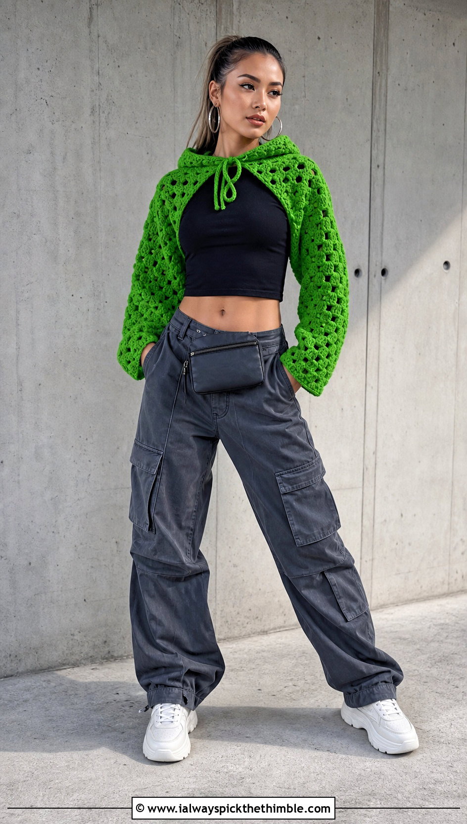Hooded Crochet Bolero With Cargo Pants - 25 crochet bolero outfit ideas