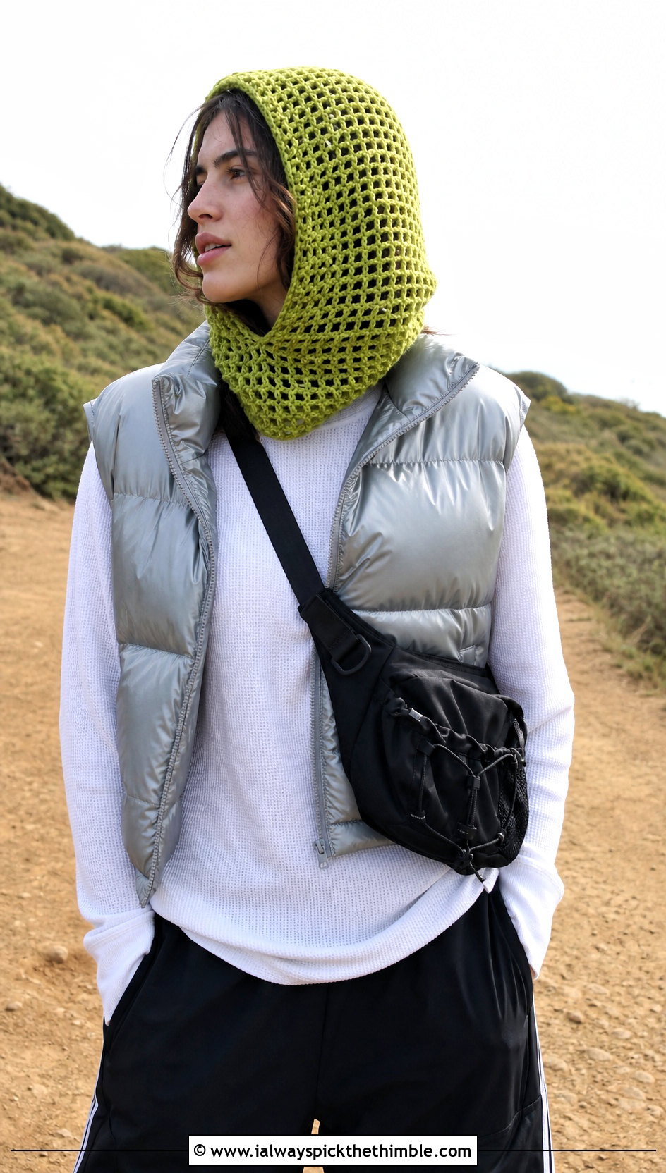 Hooded Crochet Bonnet With Puffer Vest - 20 Easy Crochet Bonnet outfit ideas