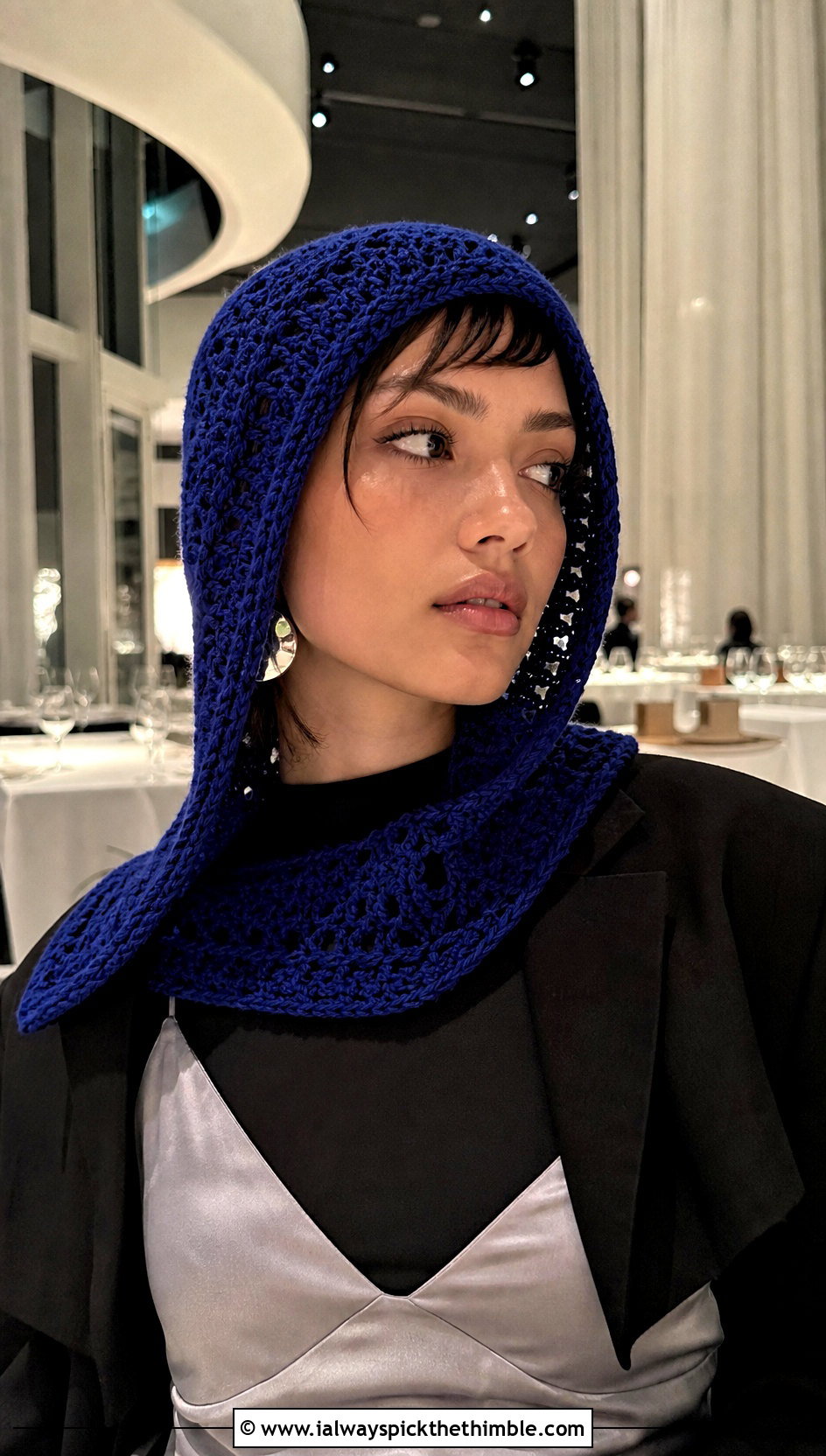 Hooded Crochet Bonnet With Slip Dress - 25 crochet bonnets outfit ideas
