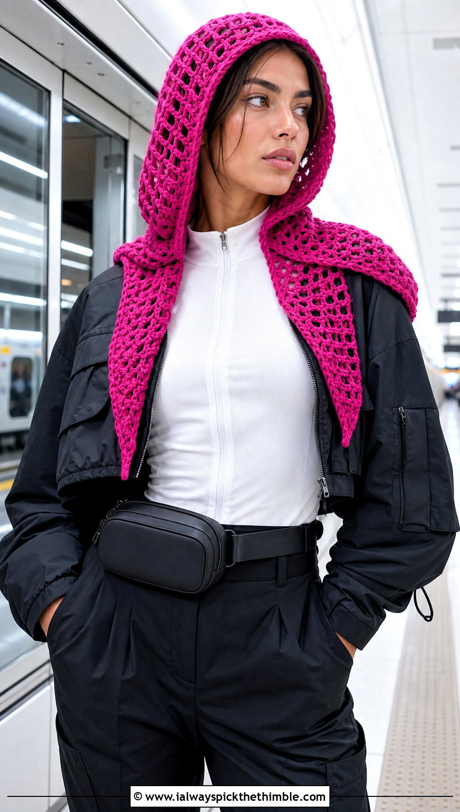 Hooded Crochet Bonnet With Track Pants - 25 crochet bonnet outfit ideas