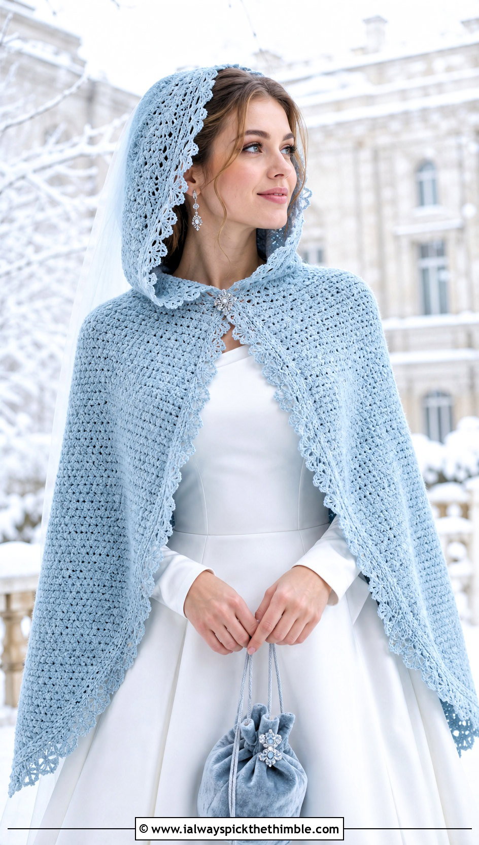 Hooded Crochet Bridal Shawl With Winter A Line Gown - 20 Crochet Bridal Shawl outfit ideas