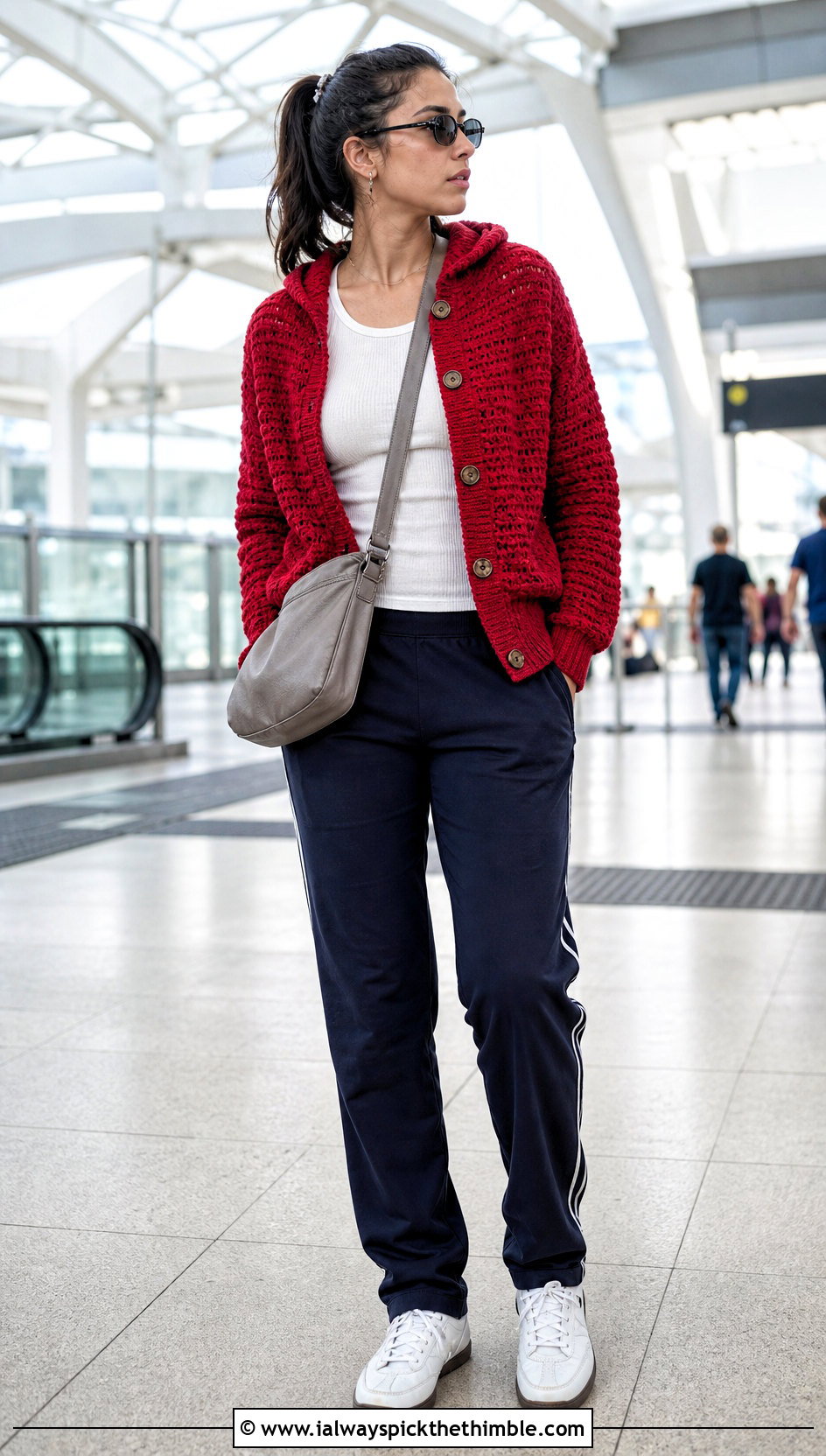 Hooded Crochet Button Cardigan With Track Pants - 15 crochet sweater with button closure outfit ideas