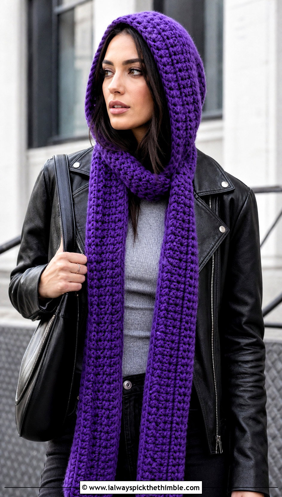Hooded Crochet Cap Scarf With Leather Jacket - 20 Crochet Cap Scarf outfit ideas