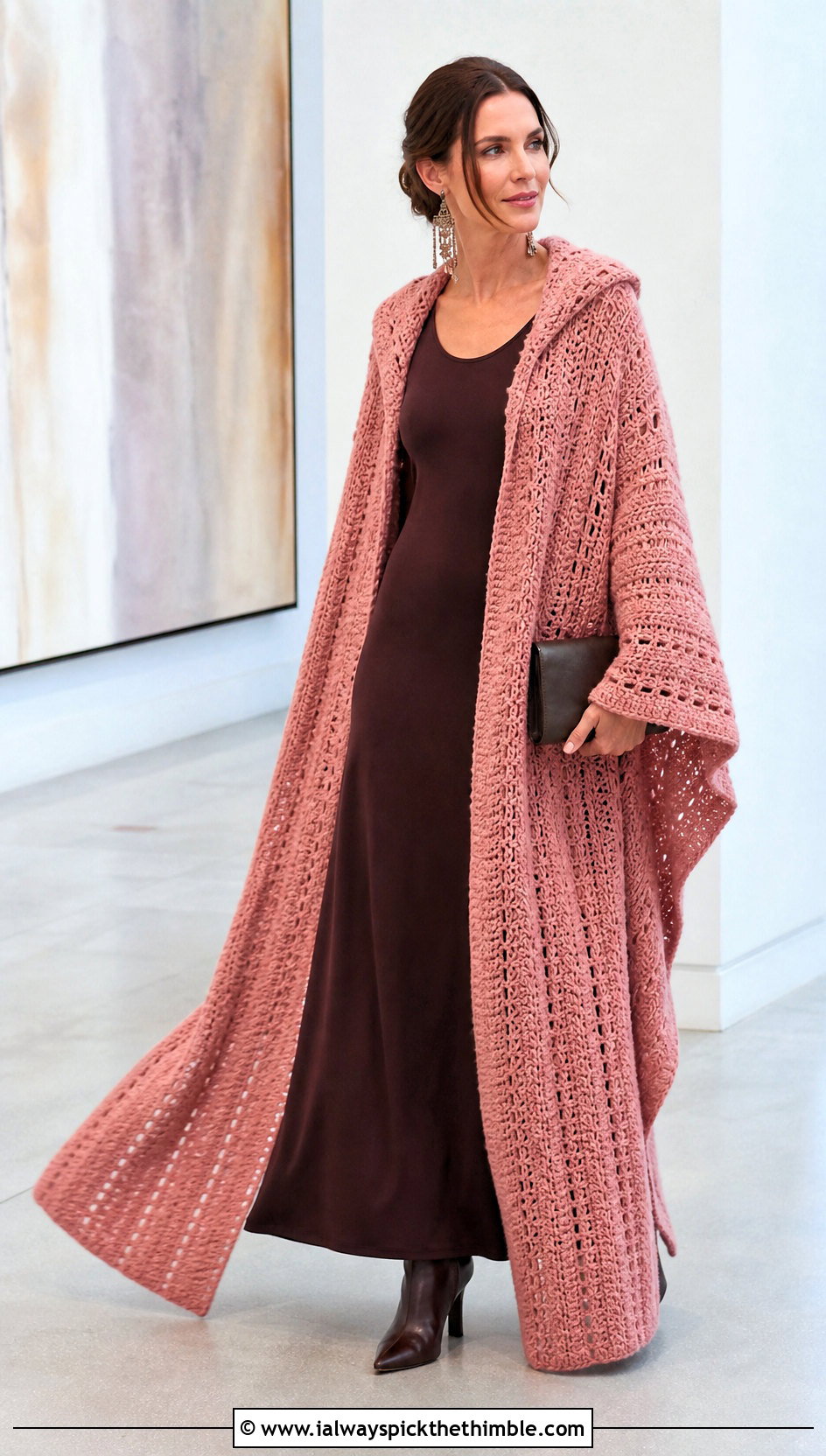 Hooded Crochet Cape Blanket With Maxi Dress - 20 crochet blanket hoodie outfit ideas
