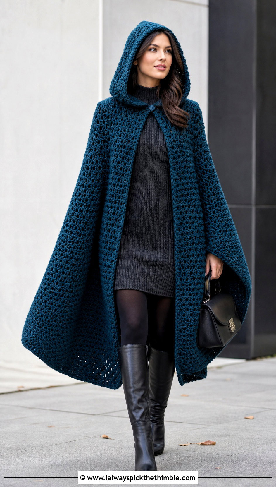 Hooded Crochet Cape Coat With A Sweater Dress - 15 Crochet Cape Coat outfit ideas