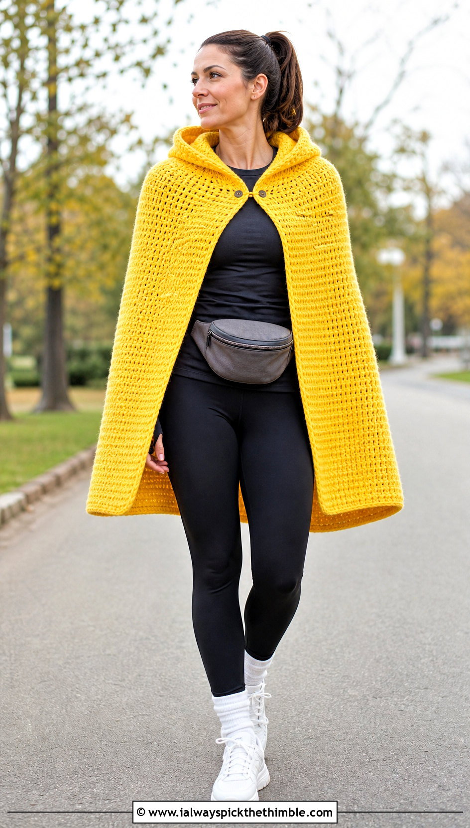 Hooded Crochet Cape With Leggings And Sneakers - 25 crochet cape outfit ideas
