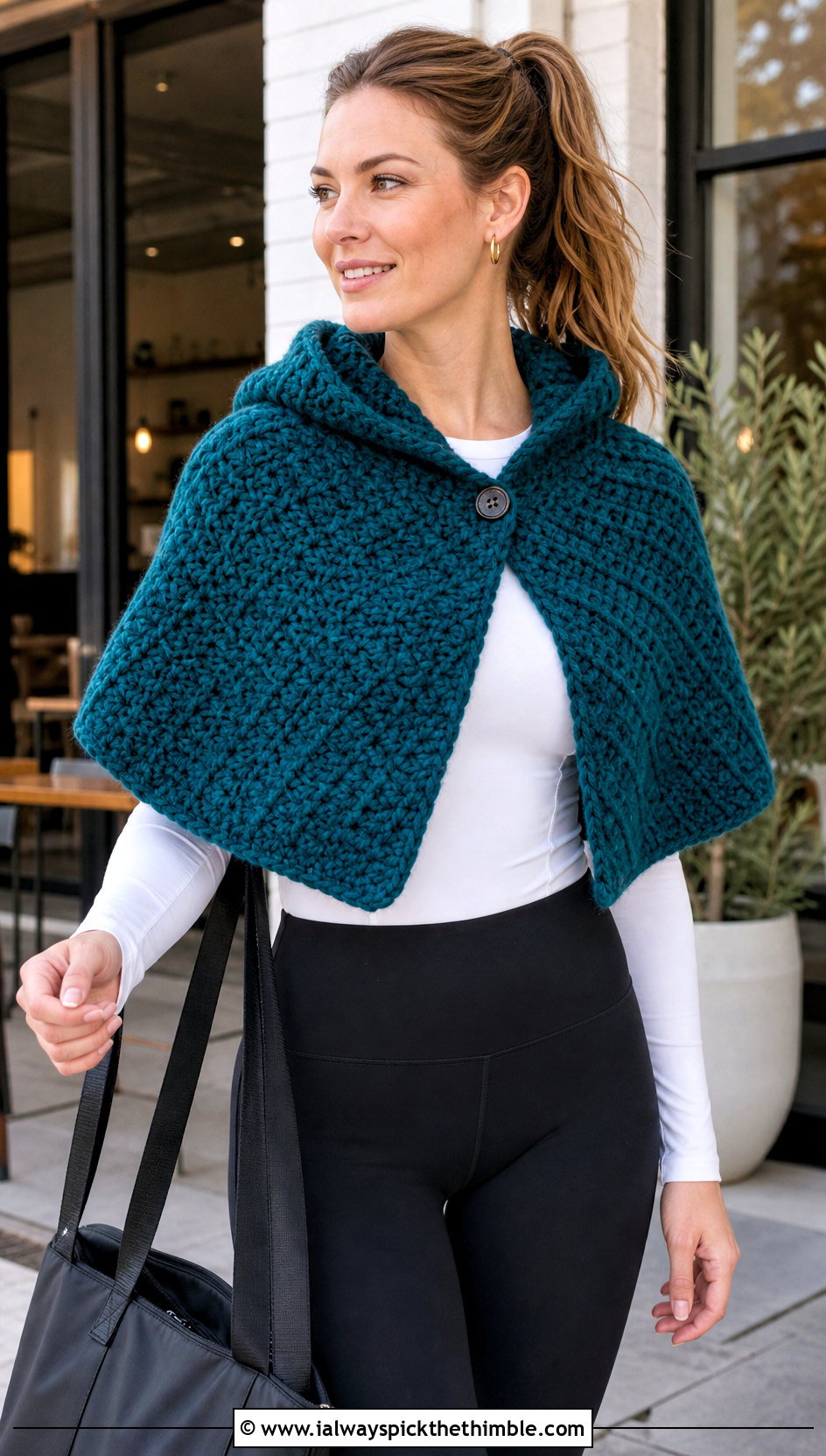 Hooded Crochet Caplet Shawl With Leggings And Sneakers - 20 crochet caplet shawl outfit ideas