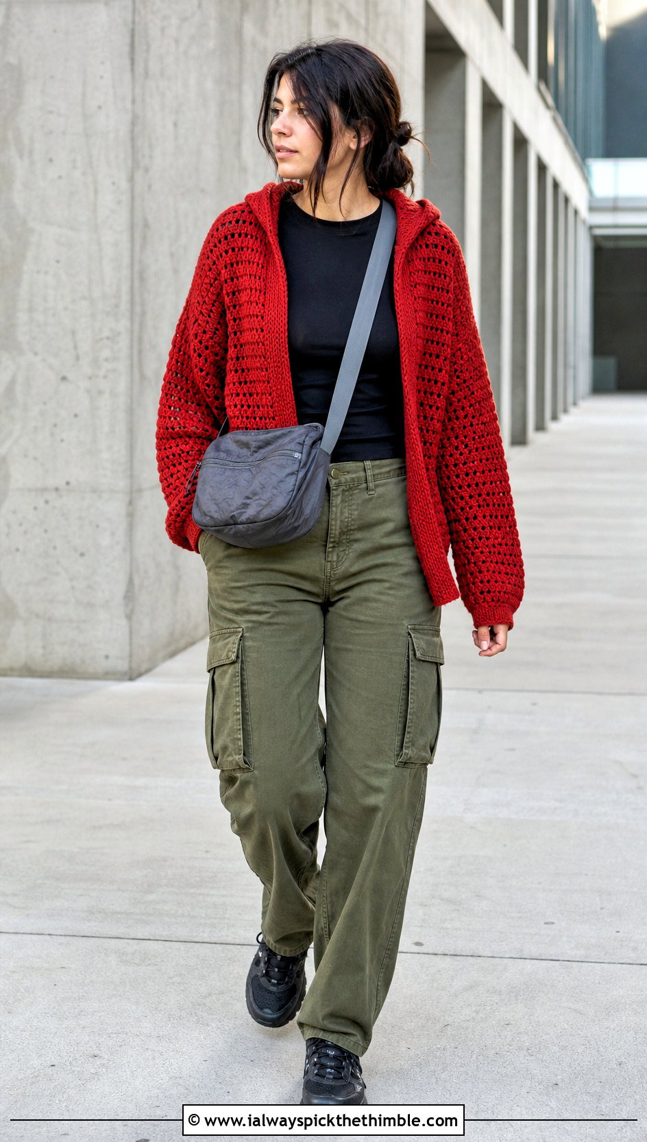 Hooded Crochet Cardigan With Cargo Pants - 25 ladies crochet cardigan outfit ideas