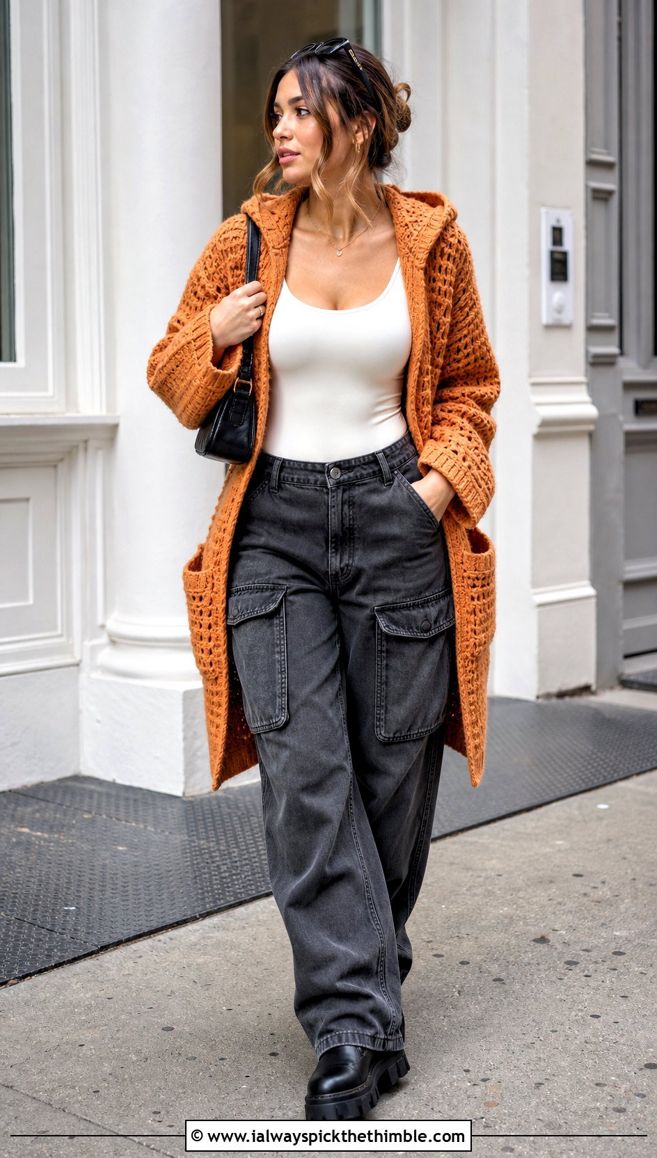 Hooded Crochet Cardigan With Cargo Pants - 15 Crochet Cardigan Fall Fashion and outfit ideas