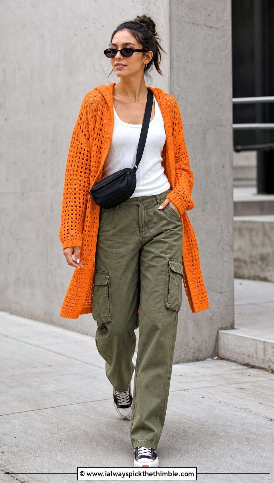Hooded Crochet Cardigan With Cargo Pants - 15 easiest crochet cardigan outfit ideas
