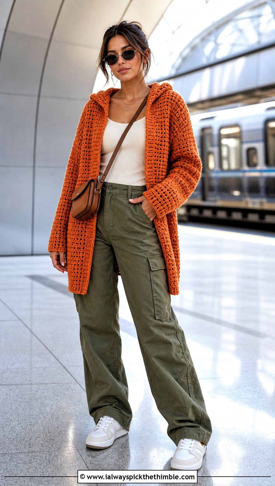 Hooded Crochet Cardigan With Cargo Pants - 15 Easy Crochet Cardigan For Women outfit ideas